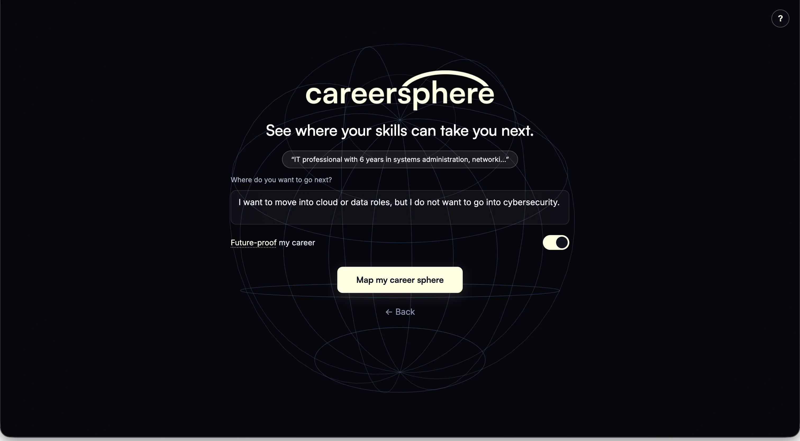 careersphere onboarding screen with a career goal and future-proof toggle