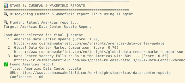 Stage 3: AI agent discovering Cushman & Wakefield reports