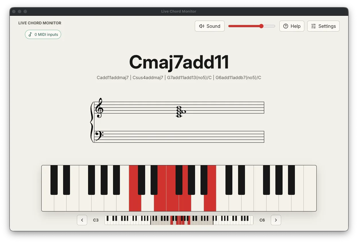 The Live Chord Monitor app: a held chord named at the top, written out on a grand staff, with the notes lit on the piano below.