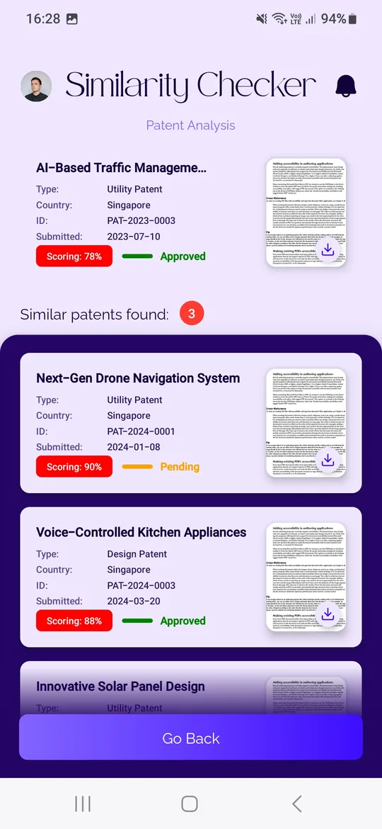 The similarity checker showing matched patents with confidence scores