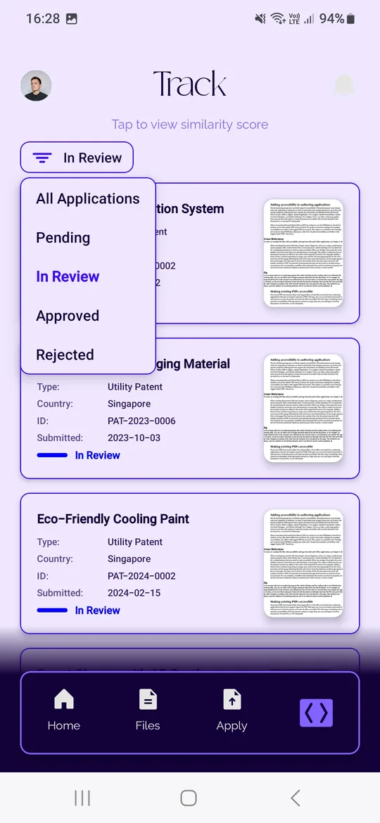 Color-coded patent tracking with status filtering
