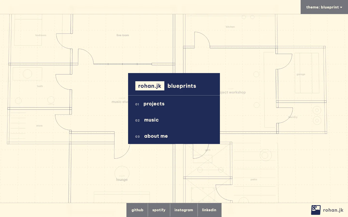 The blueprint theme: a three.js floor plan with a room for each section