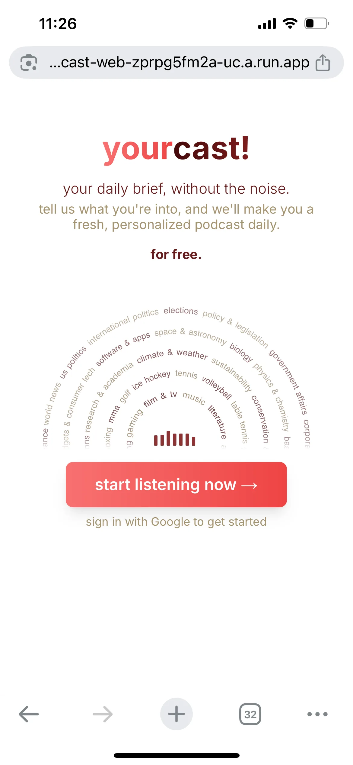 The yourcast landing page